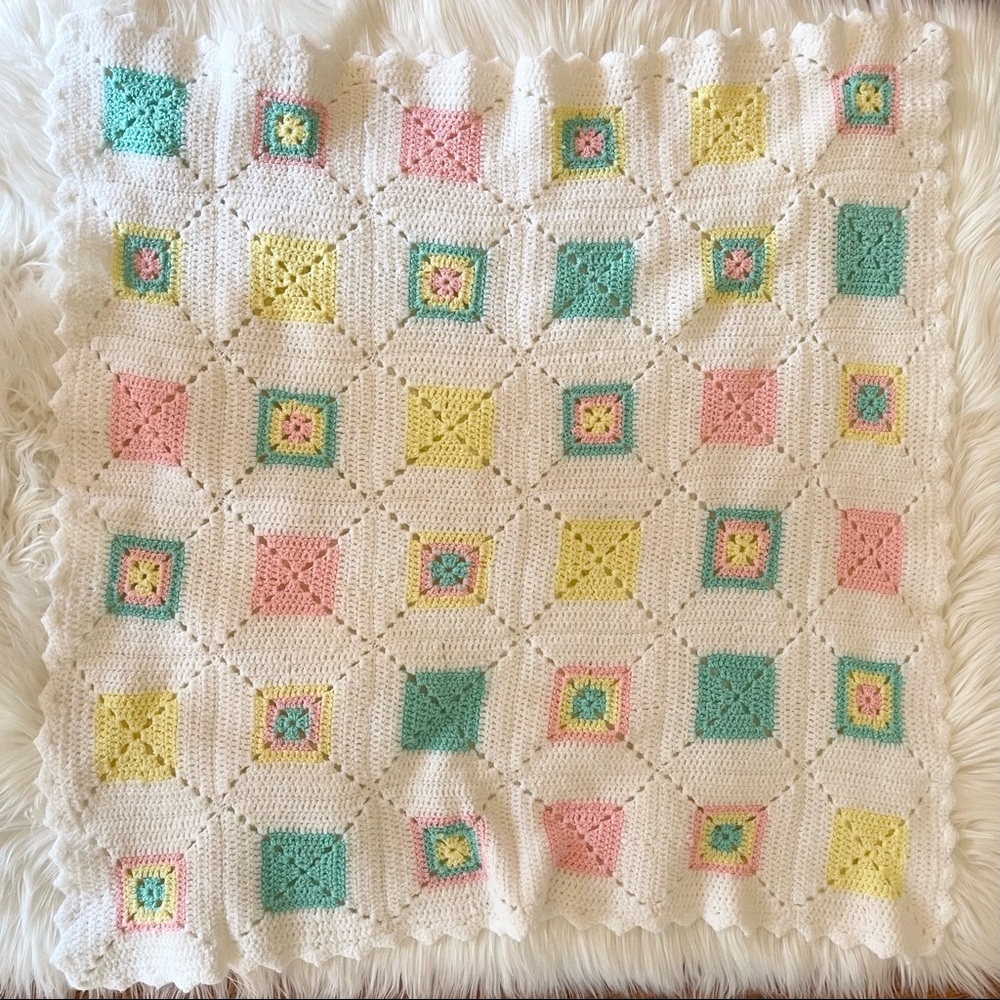 Handmade Granny Square Baby Blanket / Quilt, White & Pastel Crochet